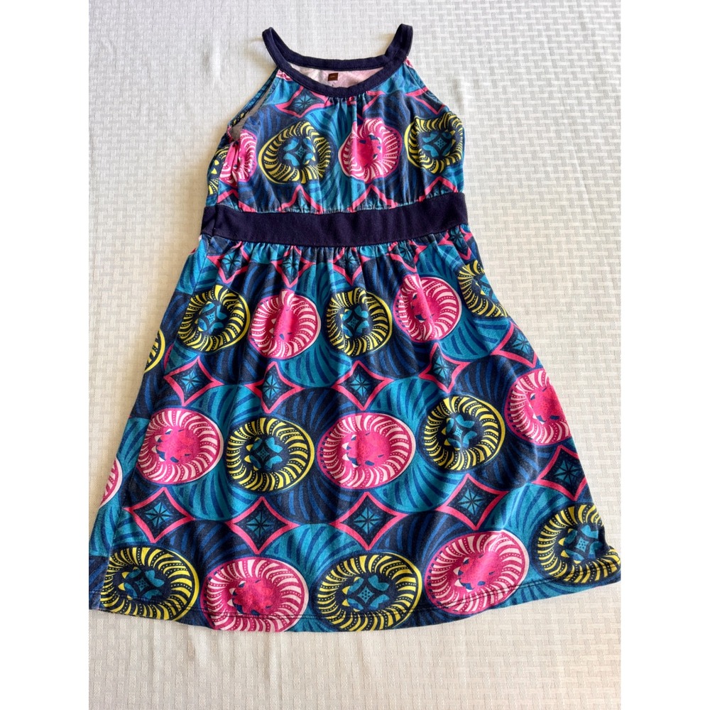 Tea Collection Girls Size 8 Halter Dress Teal Pink Geometric Medallion Cotton